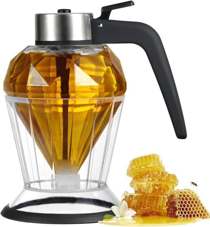 Honey Dispenser Elegant Glass Syrup Pot Drip-Free Honey Jar with Stand Perfect for Pancakes Oils Vinegar Soy Sauce and More