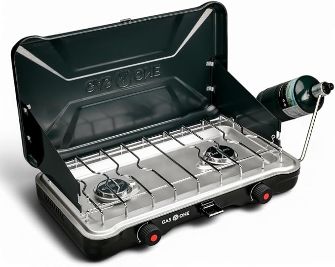 GasOne Portable Camping Stove – Double Propane Stove with Auto Twist Turn Ignition – 22000 BTU Camping Cooktop with 2 Burners and Wind Guard – Ideal for Tailgating Fishing Travel