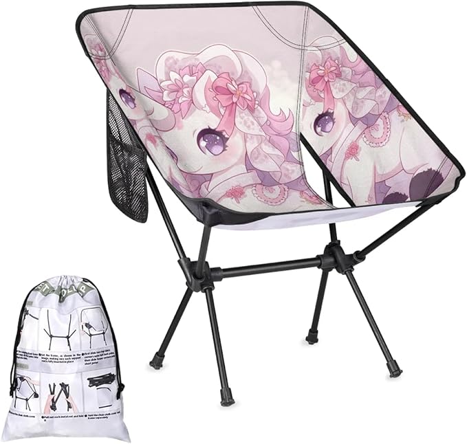 Portable Camping Chair Cartoon Unicorn Ultralight Folding Camping Chair Pink Flowers Backpacking Hiking Chair with Cup Holder for Outdoor Travel Beach Picnic Festival 176 lbs Capacity