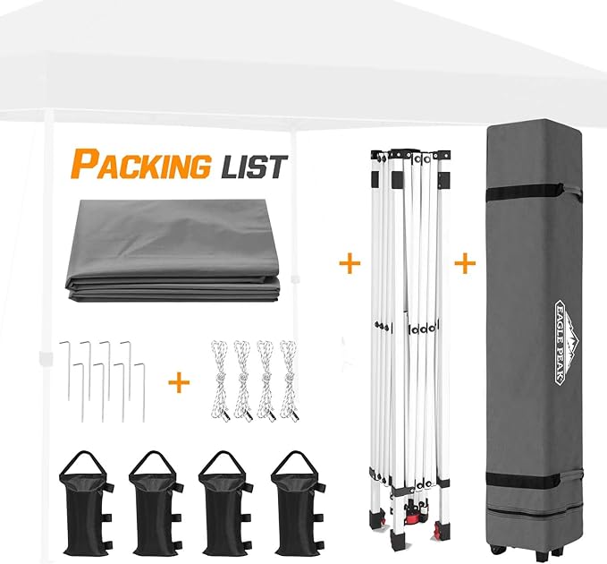EAGLE PEAK Pop Up Canopy Tent with Wheeled Carry Bag 8 Stakes 4 Ropes 4 Weight Bags Easy Set Up Tent Canopy 10x10 ft 100sqft of Shade Light Gray