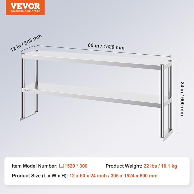 VEVOR Stainless Steel Overshelf 12 x 60 Inch Double Deck Height Adjustable Prep Work Table for Kitchen Restaurant and Workshop