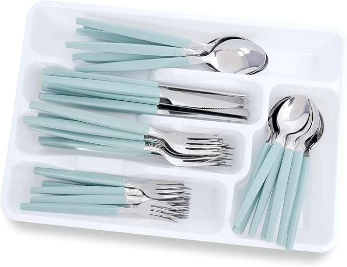 Silverware Set 40-Piece Stainless Steel Spoons and Forks Set with Organizer Color Handles Camping Flatware for 8 Dishwasher Safe（Green)