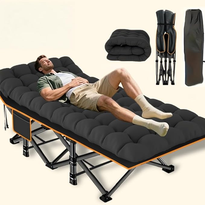 Oversized Heavy-Duty Outdoor Folding Bed with Side Pockets&ampMattress(Mini Model Optional)-755/655/55Lbs Super Capacity Camping CotGarden (Black Upgrade (755lbs)