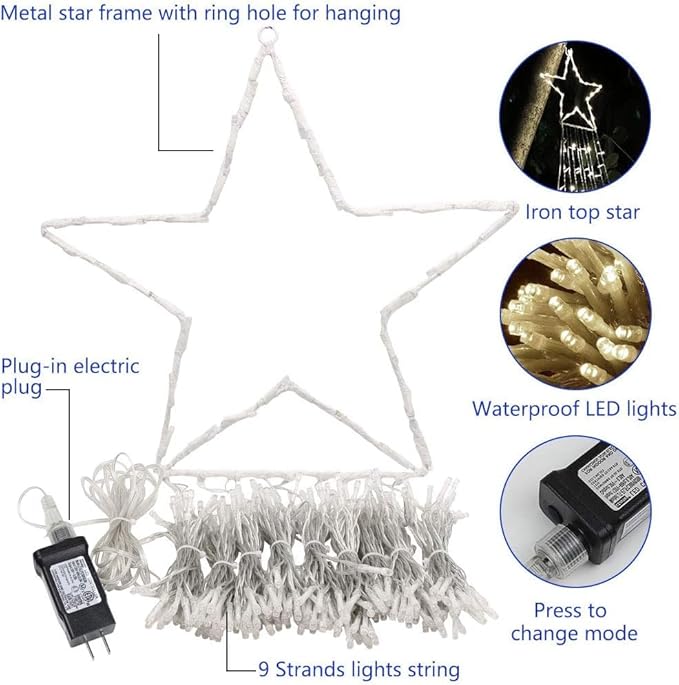 PUHONG Christmas Decoration Star Lights Outdoor320 LED 16.4Ft Christmas String Lights[8 Modes &amp Waterproof] for Halloween Xmas New Year Holiday(Iron) (White)