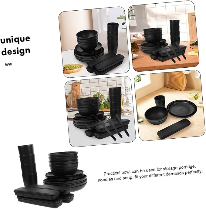 Alipis 4 Sets Box Cutlery Set Camping Dishes Utensils Noodle Bowl with Tableware Reusable Utensils with Case Portable Tableware Bento Bowl Food Bowl Party Dinnerware Bowl Plate Dinnerware Black