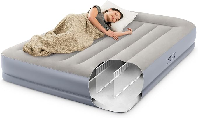 Intex 64117ED Dura-Beam Standard Pillow Rest Air Mattress: Fiber-Tech – Queen Size – Built-in Electric Pump – 12in Bed Height – 600lb Weight Capacity