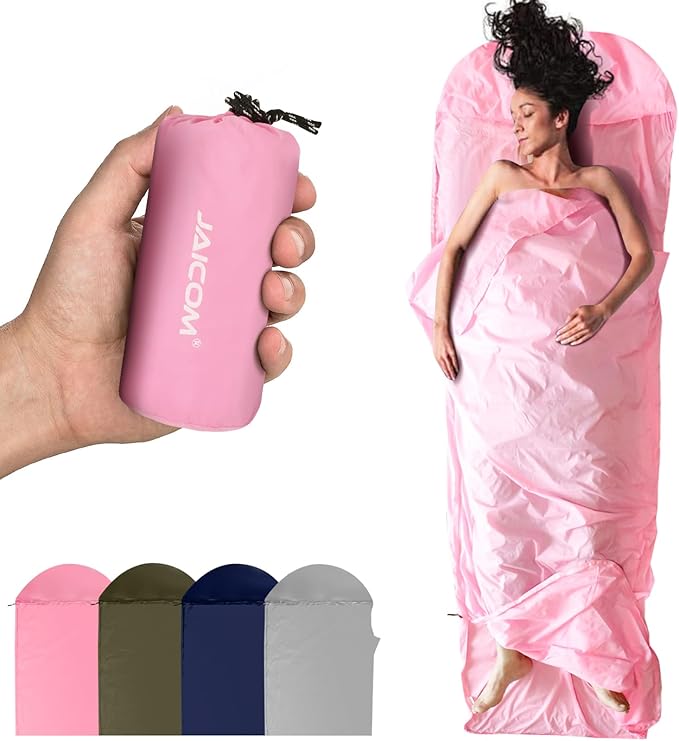 Ultralight Sleeping Bag Liner - 5.3 oz Washable Adult Sleep Sack &amp Travel Sheets Self Tan Sleep Sack with Two-Way-Zipper for Backpacking Hotel Camping Travel