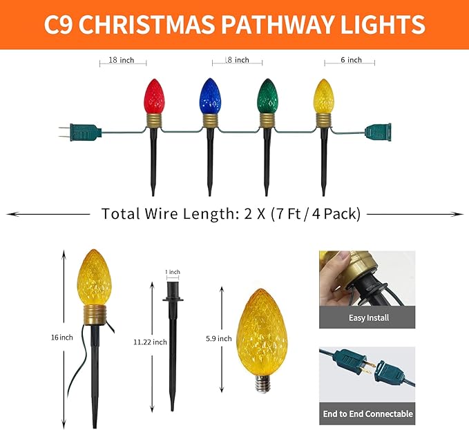 2 Pack Jumbo C9 Christmas Pathway Lights Outdoor Total 14FT 8-Light Multicolor Diamond Connectable Plug in for Walkway Fence Yard Garden