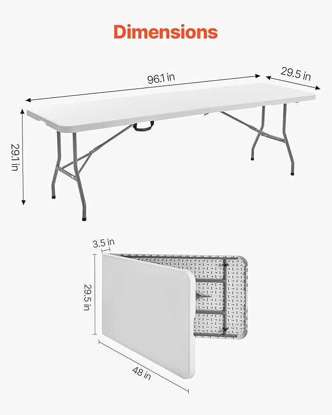 VEVOR Folding Table Heavy Duty Portable Fold-in-Half Utility Table Indoor Outdoor Plastic Rectangle Table with Built in Handle for Party Dining Wedding Events Picnic Camping 8 ft White