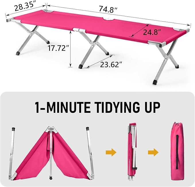 Portable Camping CotLightweight Sleeping BedFolding Tent Camping Cot Bed with Carrying Bag for Outdoor Hiking Travel Beach (Pink)