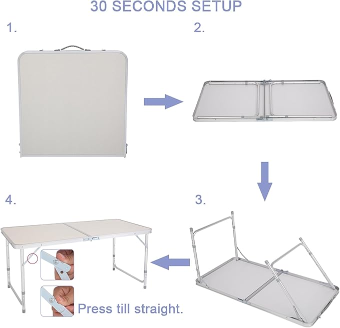 Folding Table 4 FootPortable Camping Camping with Handle3 Height AdjustableAluminium Alloy Dining Card Table Picnic Party Table for Banquet Party Dining Picnic Camp Kitchen BBQSilver 4 FT