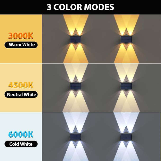 Solar Fence Lights6Pack Solar Lights Outdoor 2700/4500/6000K 3 Modes Up &amp Down Wall Lights Waterproof 100 Lumens Dusk to Dawn Fence Light for Outside/Backyard/Pool/Railing/Patio/Porch/Step