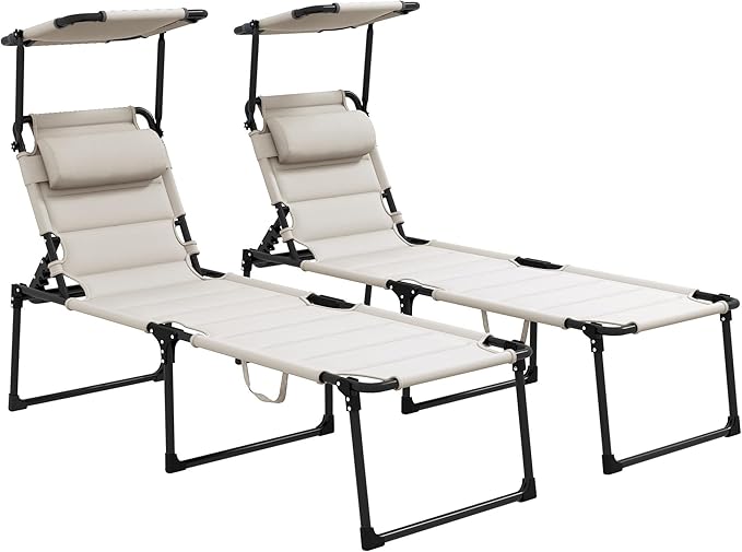 2 Pcs Outdoor Lounge Chair Adjustable Backrest Folding Chaise Lounge Cushioned Tanning Chair w Sunshade Roof Pillow Headrest for Beach Camping Hiking Cream White