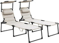 2 Pcs Outdoor Lounge Chair Adjustable Backrest Folding Chaise Lounge Cushioned Tanning Chair w Sunshade Roof Pillow Headrest for Beach Camping Hiking Cream White