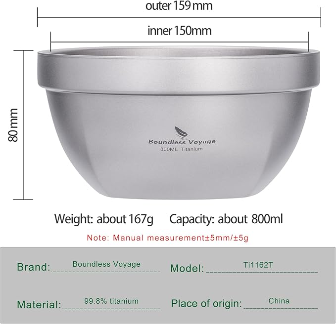 Boundless Voyage Titanium Double Walled Bowl Oatmeal Rice Soup Yogurt Bowl Ultralight Portable Tableware Outdoor Camping Metal Bowls (800ml)