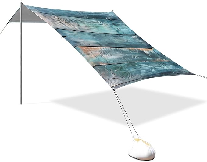Teal Color Wood Pattern Beach Tent Sun Shelter 9.2' x 10.5' Beach Canopy with 4 Sandbags 4 Stability Poles Sand Shovels - Tent Canopy for Beach Camping Fishing Picnics