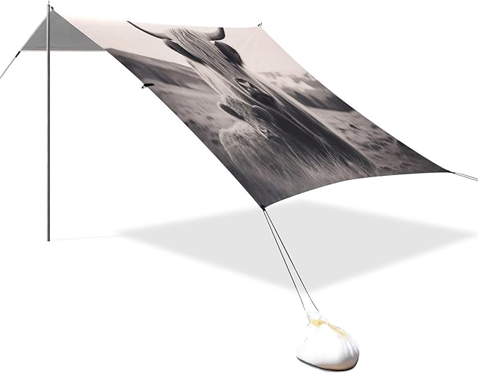 Highland Cattle Beach Tent Sun Shelter 9.2' x 10.5' Beach Canopy with 4 Sandbags 4 Stability Poles Sand Shovels - Tent Canopy for Beach Camping Fishing Picnics