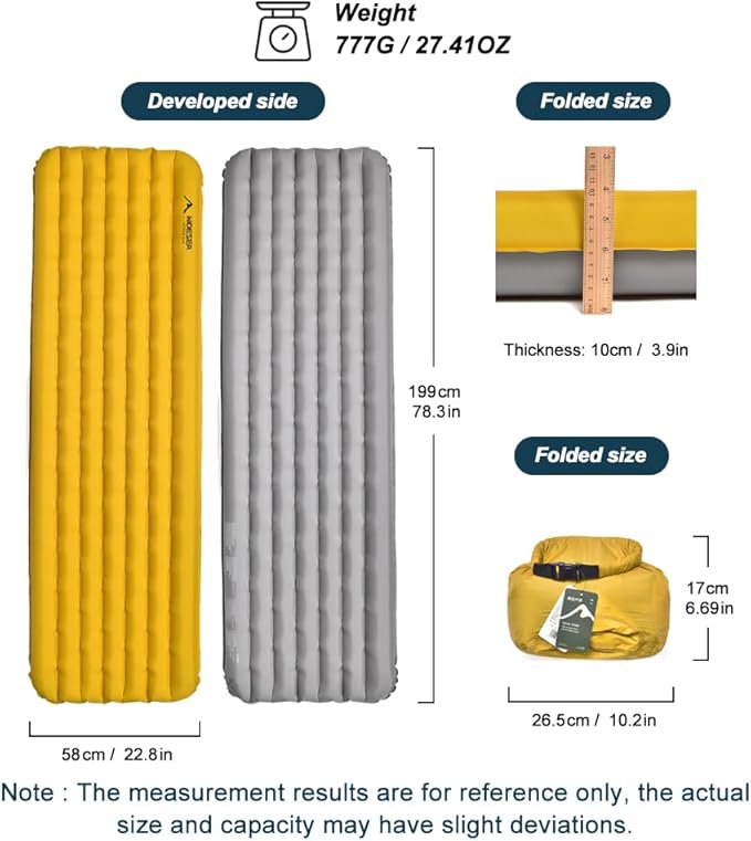 widesea Sleeping Pad R-Value 7.6 for Cold Weather Camping - Ultra Lightweight 777g 199x58x9cm Compact 26.5x17cm Double Valve