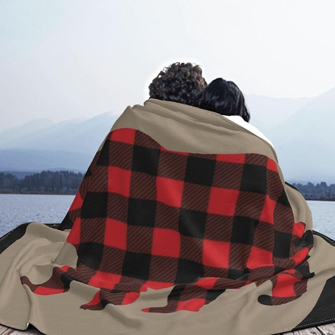 80X60 Red Black Buffalo Plaid Bear Lightweight Flannel Blanket - Soft and Breathable Polyester Suitable for Travel Camping and Home Decoration