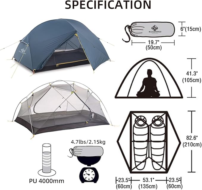 Neptune 2 Person Backpacking Tent - Ultralight Freestanding Tent with 4000mm Waterproof Dual Vestibules &amp No-See-Um Mesh - 60 Second Setup for Hiking/Camping