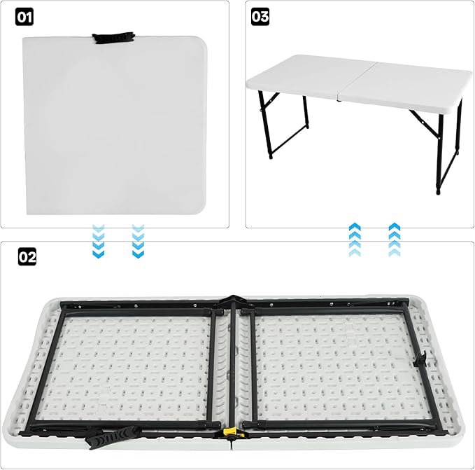 4FT Adjustable Height Folding Camping Table - Portable Foldable Small Table with Metal Frame &amp Plastic Top Ideal for Outdoor Picnic Indoor Dining &amp Events