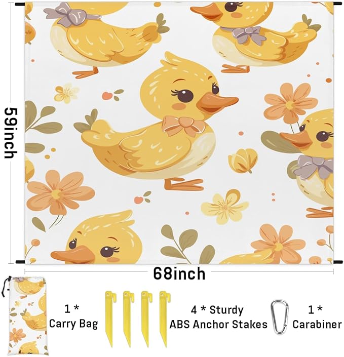 Waterproof Sandproof Beach Blanket 59''×68'' Ducks Polyester Outdoor Picnic Blanket with 4 Stakes &amp Storage Bag for BeachCampingVacation White