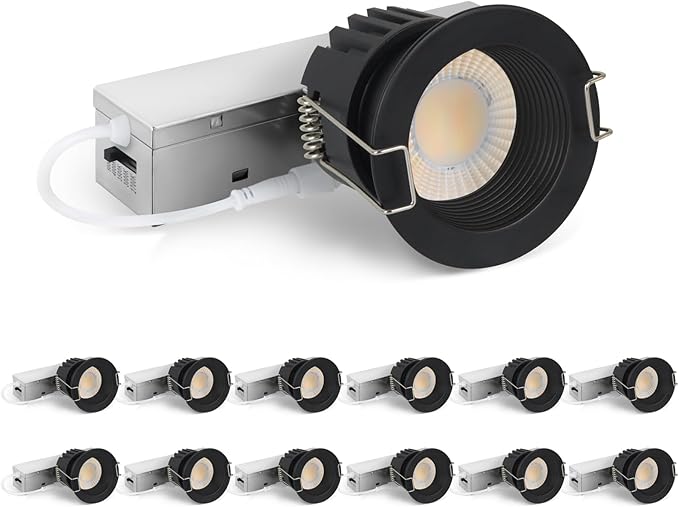 Adetu 2 Inch 5CCT Black Anti-Glare LED Downlight with Junction Box 2700K/3000K/4000K/5000K Selectable CRI90+ 8W COB 840LM IP65 Waterproof Dimmable-ETL and Energy Star Certified (Black12 Pack)