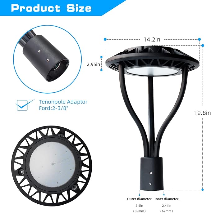 Led Post Top Light 60W Circular DLC/ETL Listed LED Street Area Post Top Light Outdoor IP65 Waterproof Pathway Pole Yard Light Fixture (100W)