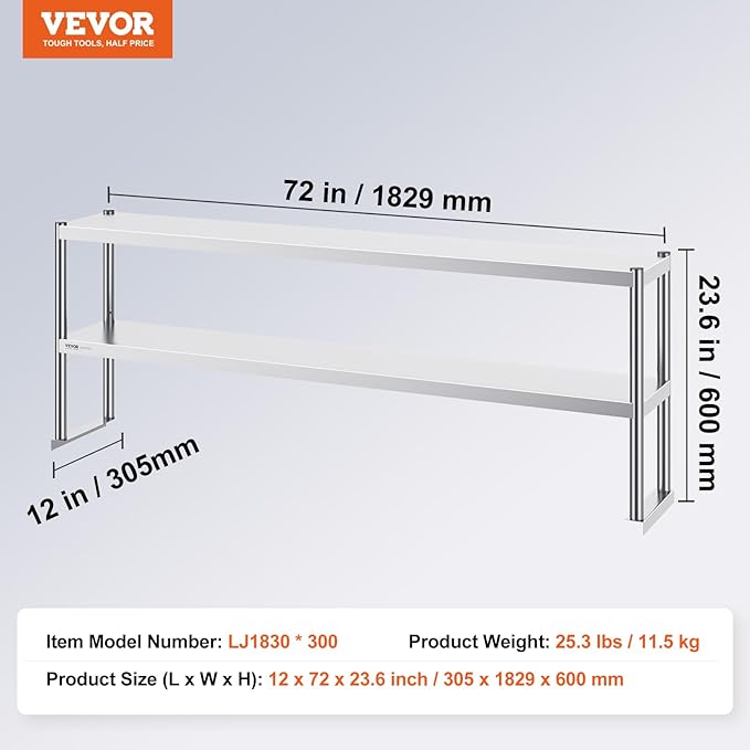 VEVOR Double Tier Stainless Steel Overshelf 12 x 72 Inch Double Deck Height Adjustable Prep Work Table for Kitchen Restaurant and Workshop