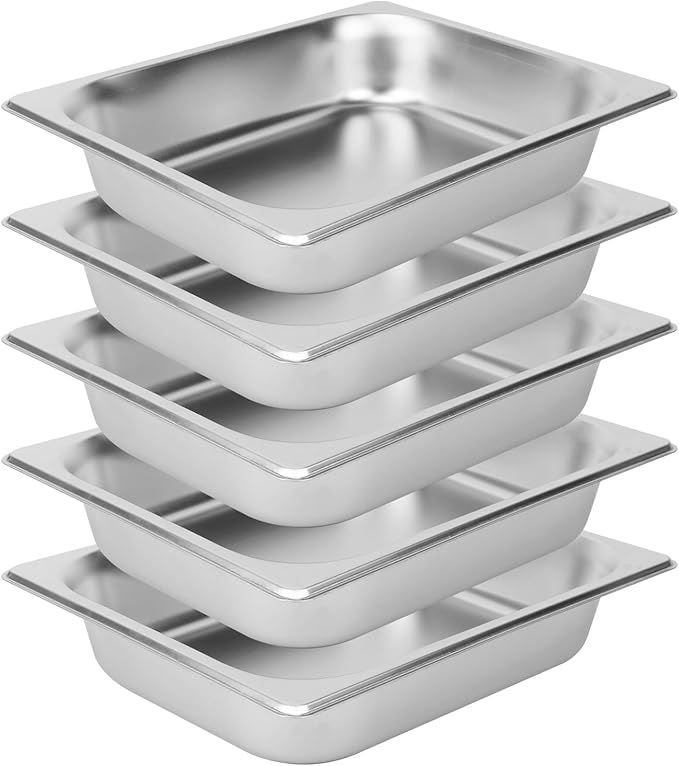 5 Pack 1/2 Size 2.6 Inch Deep Steam Table Pan Silver 201 Stainless Steel Chafing Pan Half Size Hotel Steam Pans for Weddings Parties Restaurants Cafeterias and Hotels