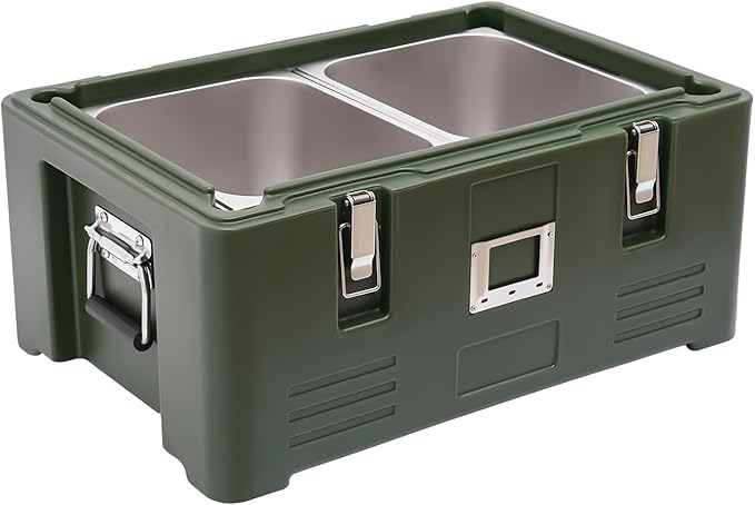 Insulated Food Pan Carrier Box with 2 Food Pans 31.7Qt Hot Cold Storage Container for Catering Camping Outdoor Picnics Green