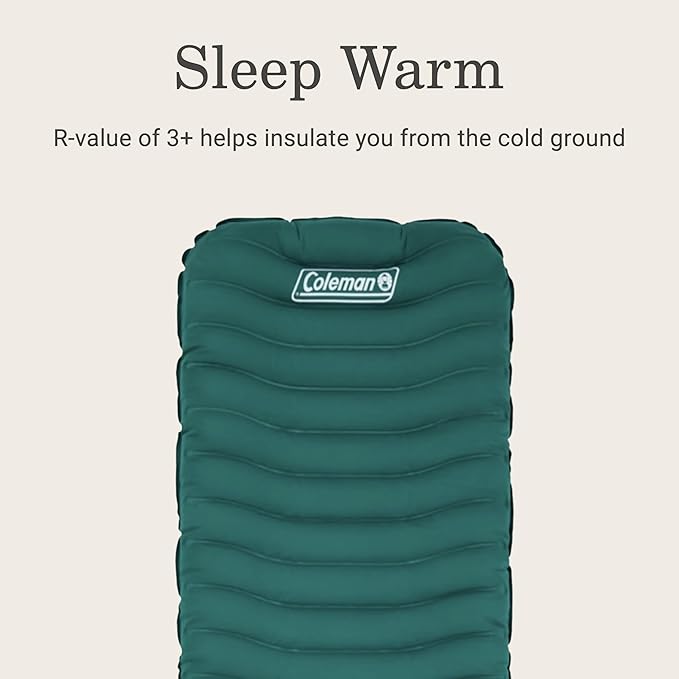 Coleman Inflatable Sleeping Pad Soft &amp Comfortable with Brushed Knit Surface Easy Inflatation Lightweight Green