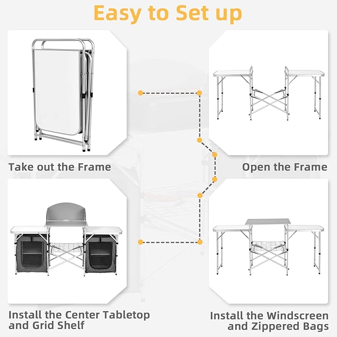 Giantex Camping Kitchen Station Folding Grill Table with 26'' Tabletop 2 Side Tables Storage Organizer Detachable Windscreen Portable Camp Cook Outdoor Prep Station Backyard BBQ Picnic (Grey)