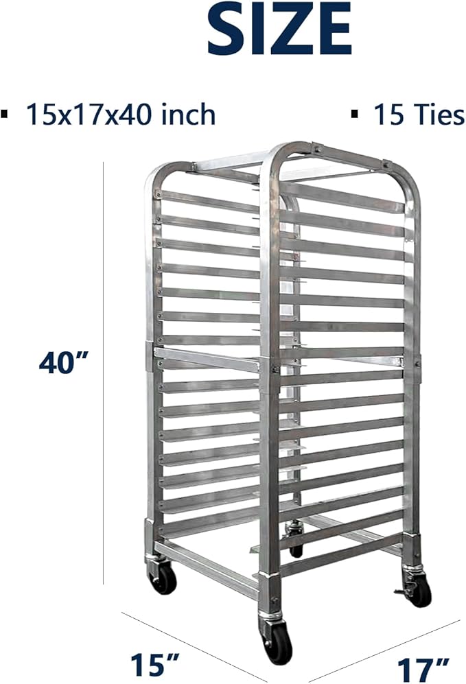 15 Tier Compact Aluminum Bun Pan Rack with 4 Lockable Wheels Space Saving Mobile Cooling Storage Rack for Bakery Kitchen Restaurant 15 W x 17 D x 40 H