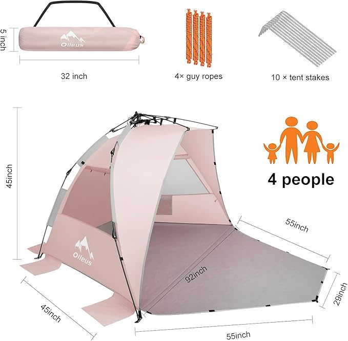 Oileus X-Large 4 Person Beach Tent Sun Shelter - Portable Sun Shade Instant Tent for Beach with Carrying Bag Stakes 6 Sand Pockets Anti UV for Fishing Hiking Camping Waterproof Windproof Pink