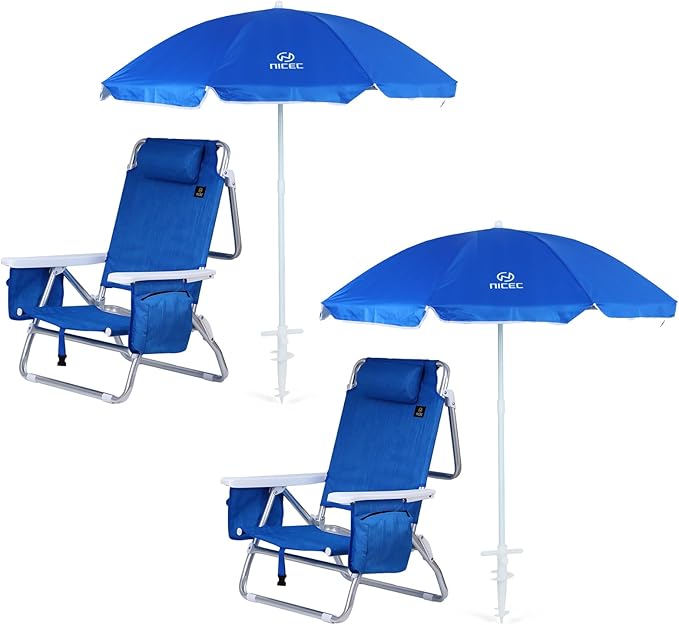 Nice C Blue Backpack Beach Chair with Cooler and Umbrella 5 Position Reclining Beach Chair for Adults with Cup Holder Canopy Shade Cooler Bag for Outdoor Camping Travel Picnic (2 Pack Blue)