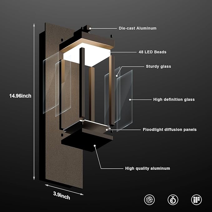 Modern Motion Sensor Outdoor Wall Light Sconce with Glass 850LM LED IP65 Waterproof Aluminum Lantern - Anti-Rust Exterior Lighting for Porch Garage Front Door PatioBlack