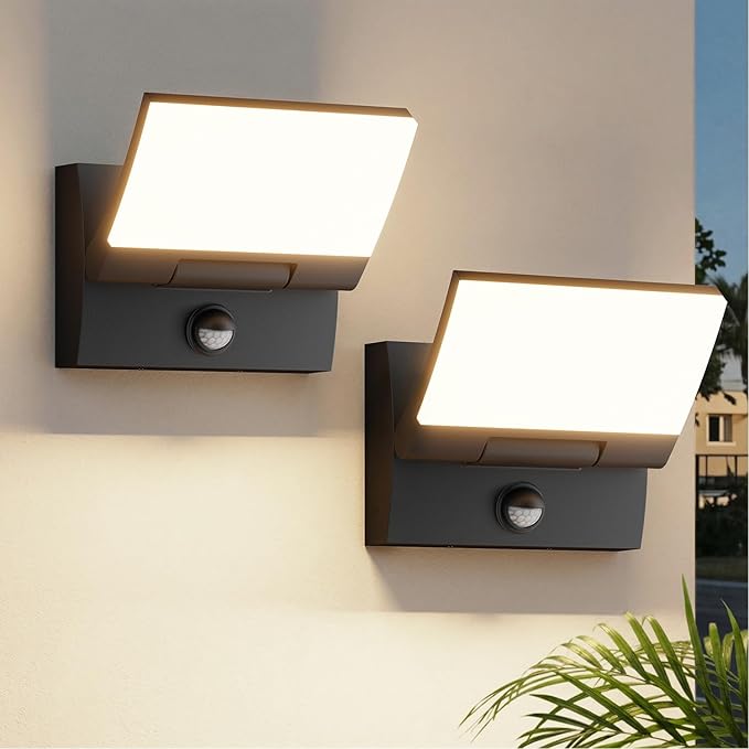 Motion Sensor LED Outdoor Wall Light 2-Pack Rotatable Adjustable Wall Sconce IP65 Waterproof Porch Light for House Garage Patio 3000K Warm White Matte Black Aluminum
