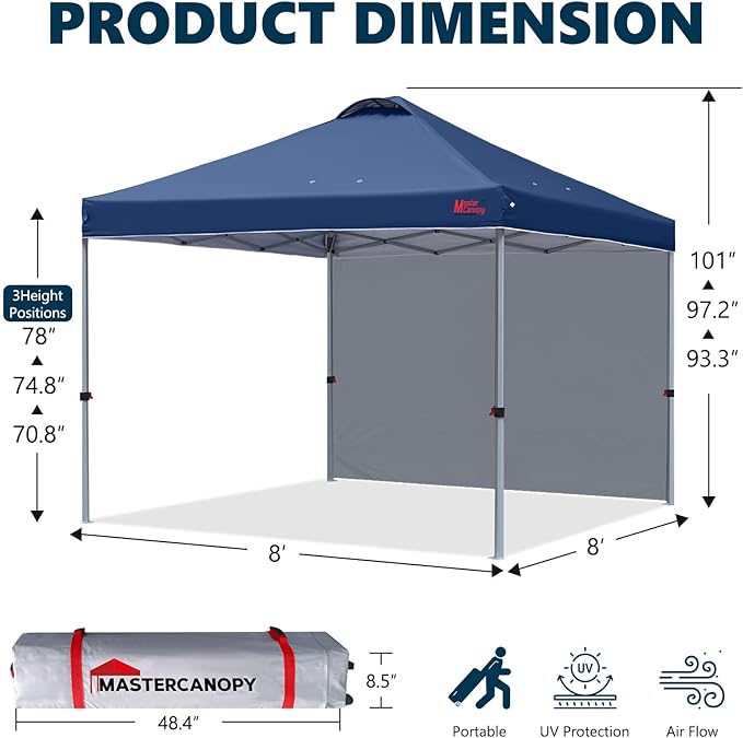 MASTERCANOPY Durable Pop-up Canopy Tent with 1 Sidewall (8'x8'Navy Blue)