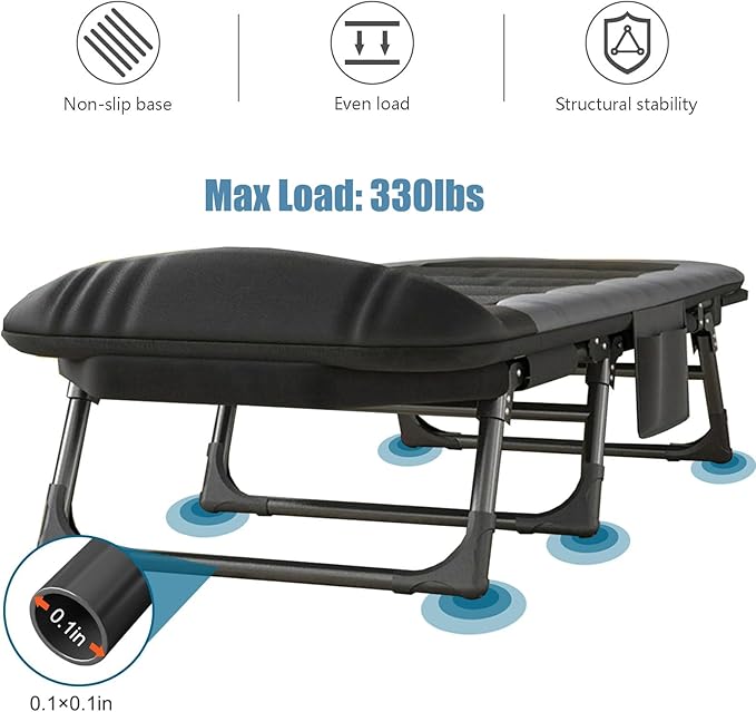 Folding Camping Cot for Adults with Adjustable Backrest &amp Pillow Portable Lounge Chair Bed 6-Position Recliner Waterproof Outdoor Cot Supports 450lbs Includes Side Pocket (Brown)