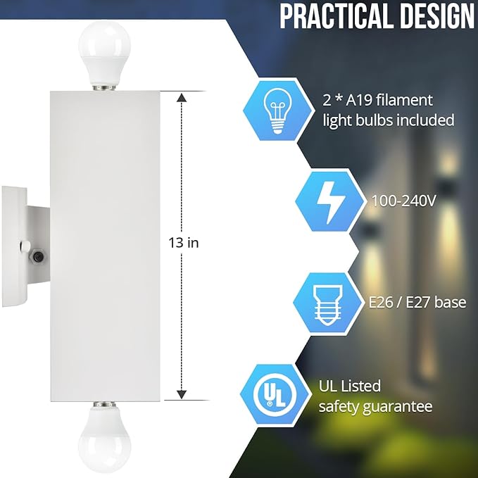 wowlite Modern Porch Lights White 2 Pack Dust to Dawn Outdoor Light Waterproof Outdoor Wall Lights Exterior Up and Down Lighting 13 Square Outdoor Wall Sconce Lights for House Garage Front Door
