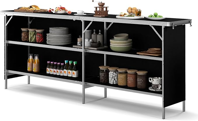 GOFLAME Folding Camping Table Aluminum Portable Picnic Table w/ 2-Tier Open Shelves &amp Spacious Tabletop Carrying Bag Included Outdoor Large Kitchen Table for Picnic BBQ Party Backyard (Black