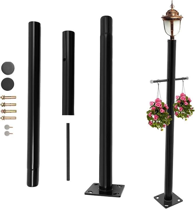 8FT Outdoor Lamp Post Split Street Light Pole with Cross Arm Base Mount Lighting Post Fixtures for Pathway Courtyard Parking Lot Fits Standard 3 Post Top Fixtures (8FT 76mm Base Mount)