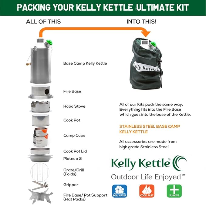 Kelly Kettle Ultimate Base Camp Kit – 54 oz Large Stainless Steel Camp Kettle Lightweight Camping Kettle with Whistle Kelly Kettle Stove for Fishing Hunting Hiking