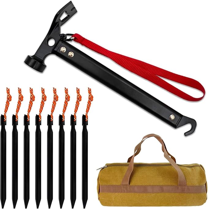 8 Pack Tent Stakes Camping Accessories Kit and Camping Hammer with Canvas Storage Bag for Outdoor Tent &amp tarp-Essential Accessories Carbon Steel Aluminum Camping Hammer for Hiking Kit