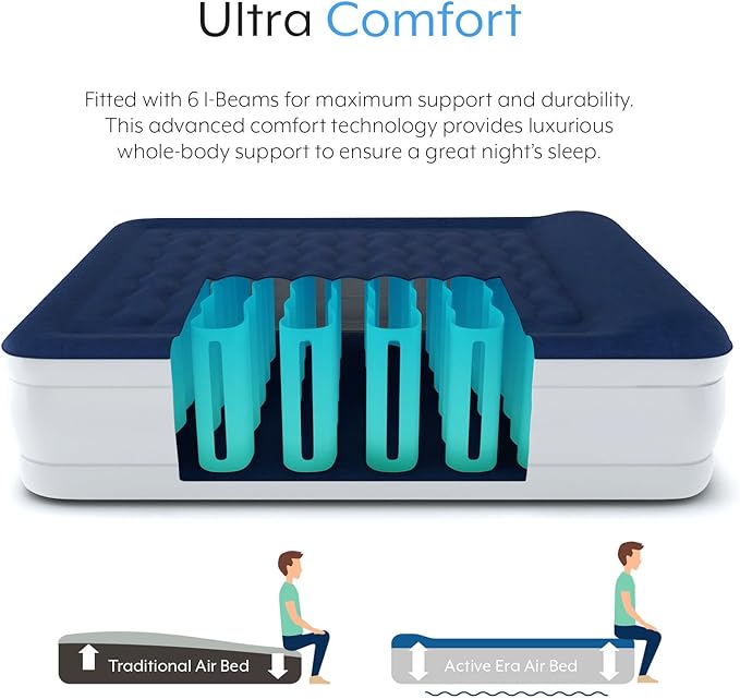 Active Era Luxury Queen High Air Mattress with Built in Pump and Raised Pillow - Elevated Double with Structured I-Beam Technology Height 22 Tall Air Bed Queen Size