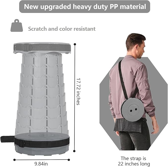 Upgraded Collapsible Stool 450LBS - Adjustable Height (2.5-18) Portable Telescoping Seat for Camping Hiking Indoor Office (Light Gray)
