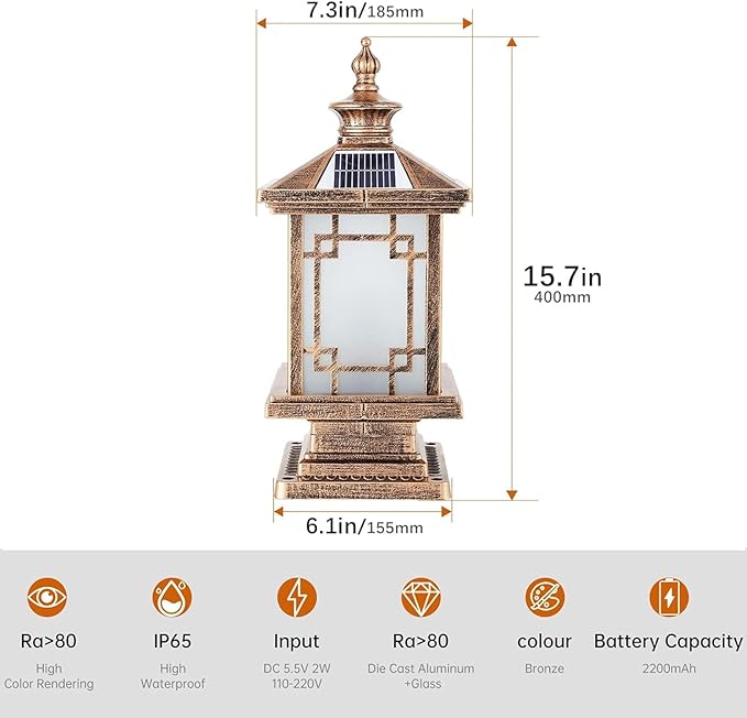 LED Solar Post Light Outdoor Aluminum Fence Post Cap Lamp Remote Control Dimmable Pillar Lights Solar IP65 Waterproof Column Light 15.7 X 7.3 Pillar Pedestal Lantern for Garden Yard
