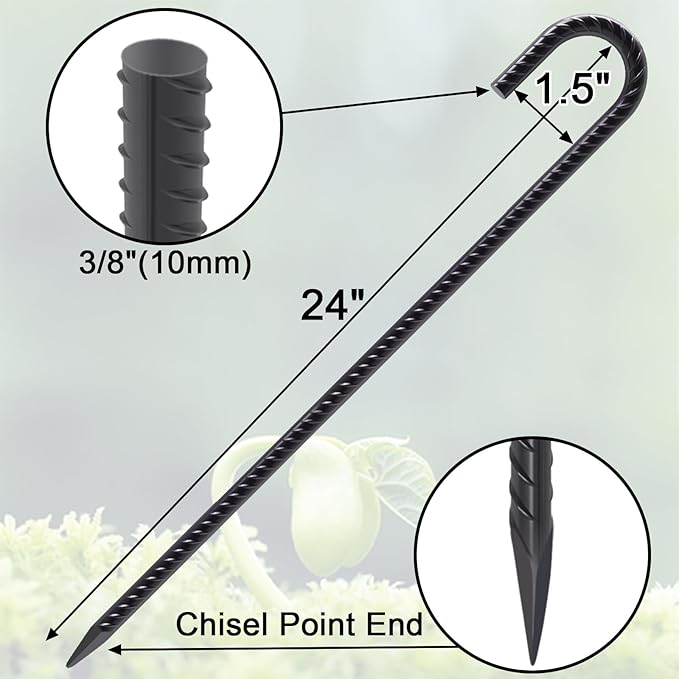 VVOKGO Rebar Stakes 24 Inch J Hook Heavy Duty Ground Anchors (16pcs) 3/8 Inch Diameter Metal Steel Extra Long Fence Stakes with Chisel Point End for Greenhouse Gazebo Carport Camping Tents Black