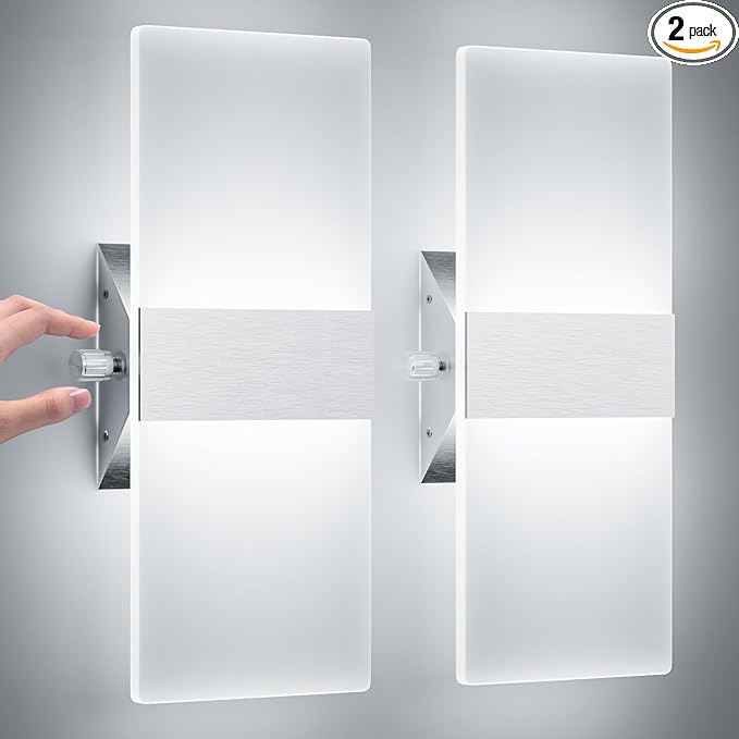 ChangM Modern Wall Sconces Set of Two 12W Acrylic Led Wall Light Equipped with a Rotary Switch to Adjust Brightness 10%-100% Indoor Wall Mounted Lights Hardwired 6000K Cool White